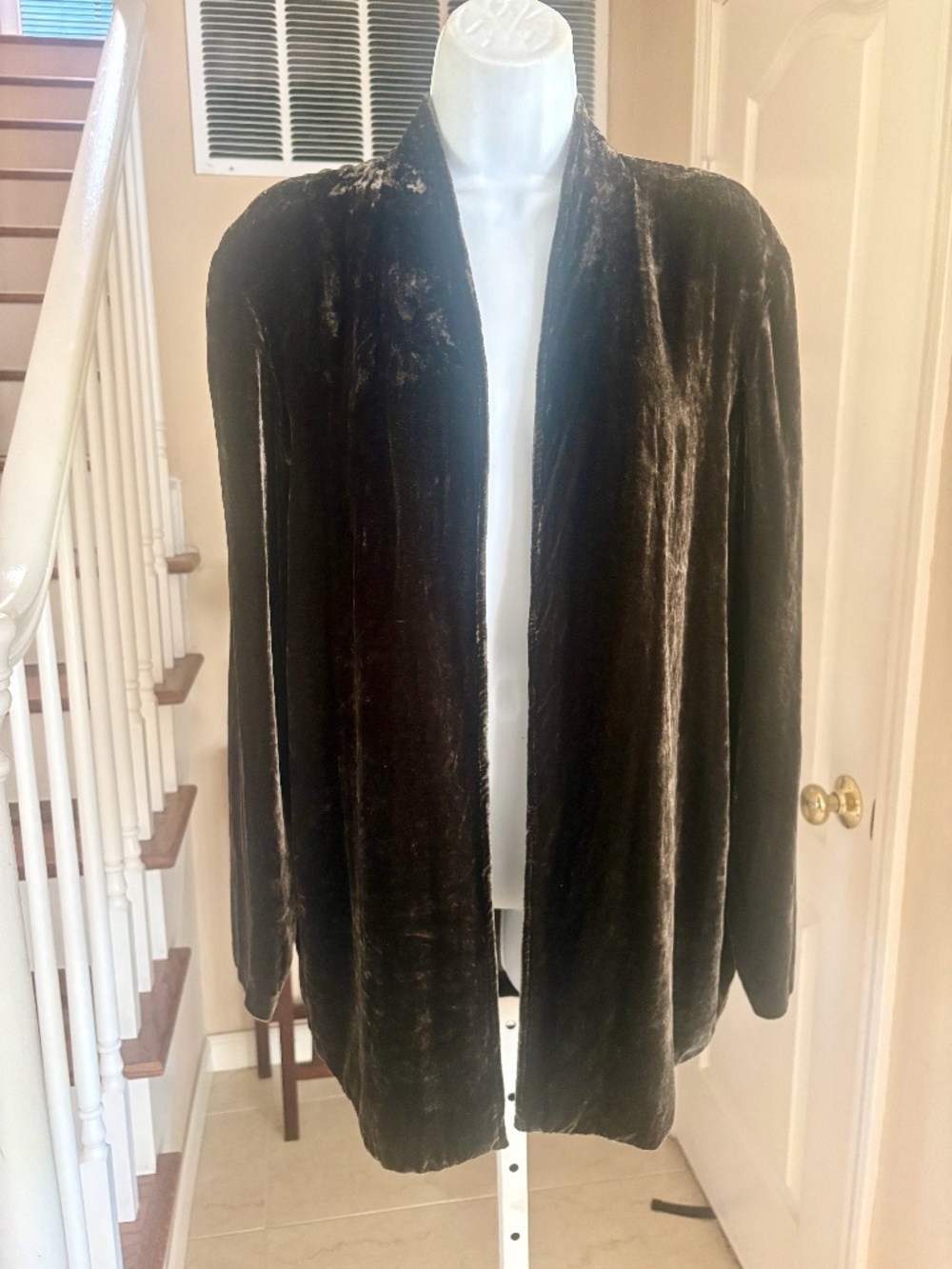 Eileen Fisher Crushed Velvet Open Front Cardigan Jacket Dark Green Size M